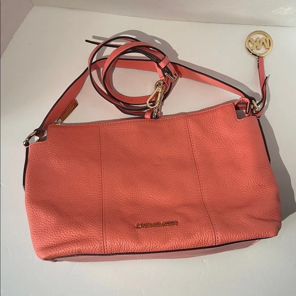 Michael Kors Brooke Medium Pebbled Leather Shoulder Crossbody Bag Grapefruit